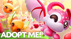 Colorful flying pets zoom through a bright fantasy world in Roblox's "Adopt Me!" with bold "ADOPT ME!" text at the bottom of the image.